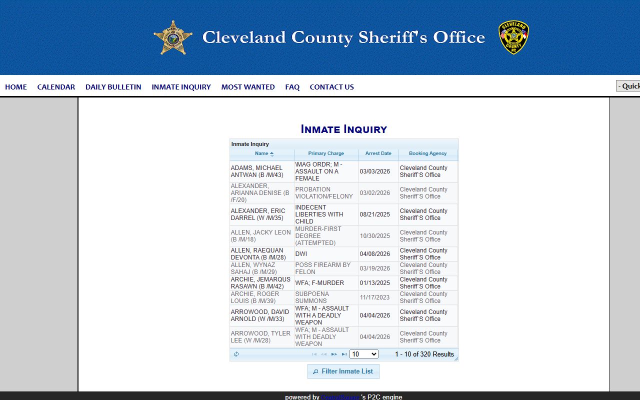 Cleveland County released inmates P2C inquiry portal