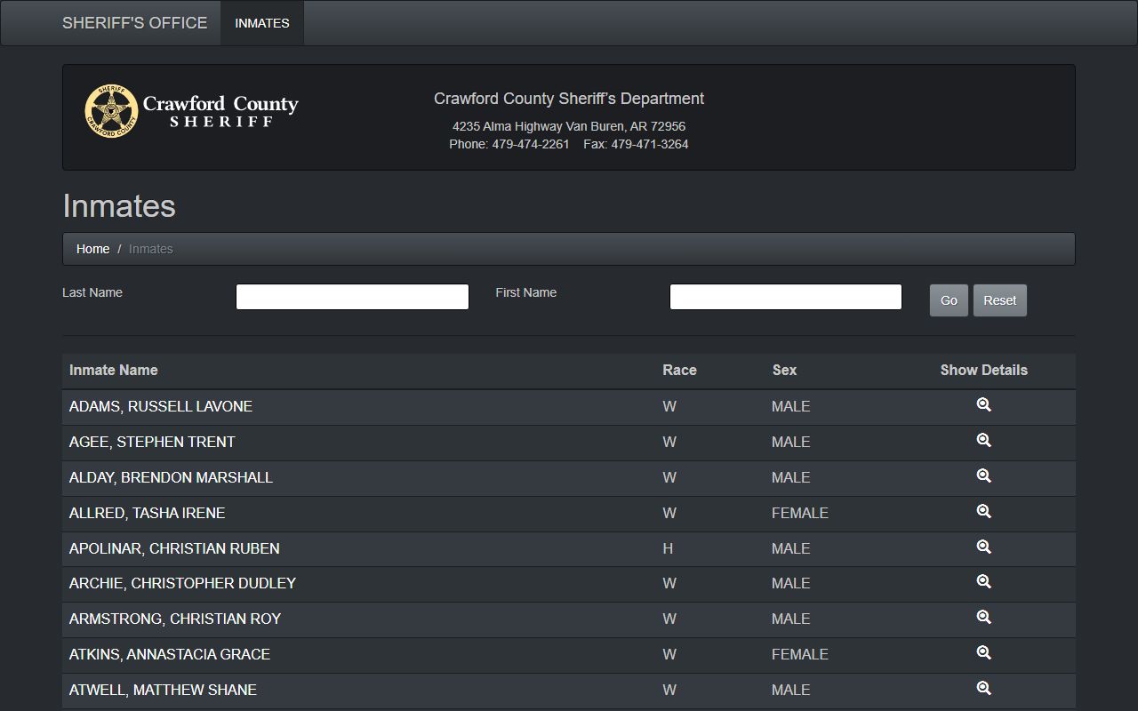 Crawford County released inmates online jail roster search