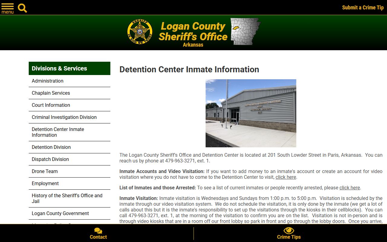 Logan County released inmates detention center info page